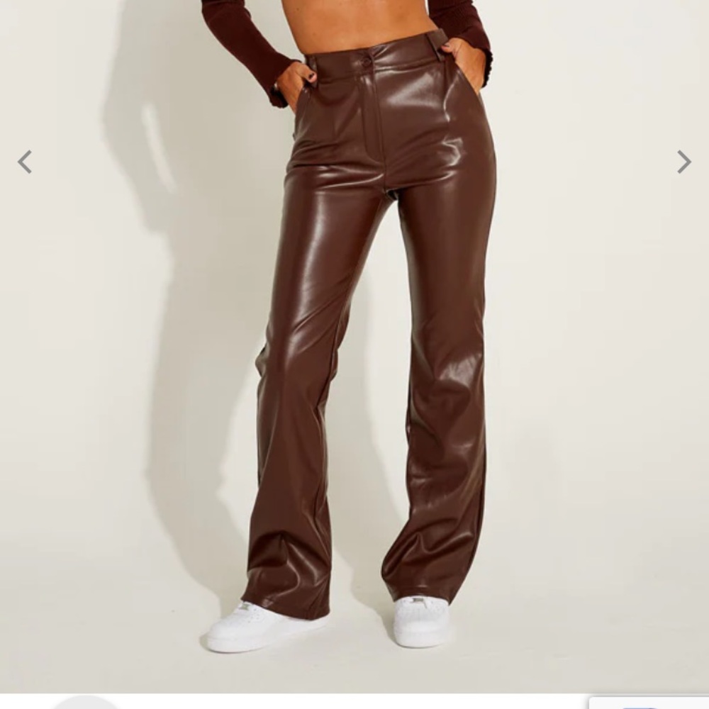 Brown straight leg leather trousers